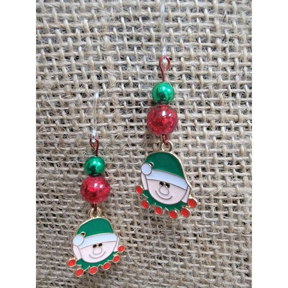 Christmas Elf Pierced Earrings Enamel Gold tone Dangle 2 1/2" Hypoallergenic